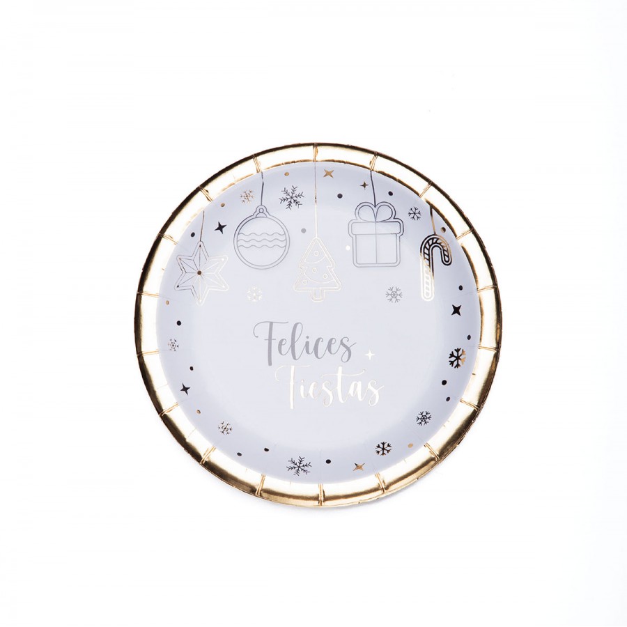 Plato de Polipapel con Stamping Dorado Felices Fiestas x 8