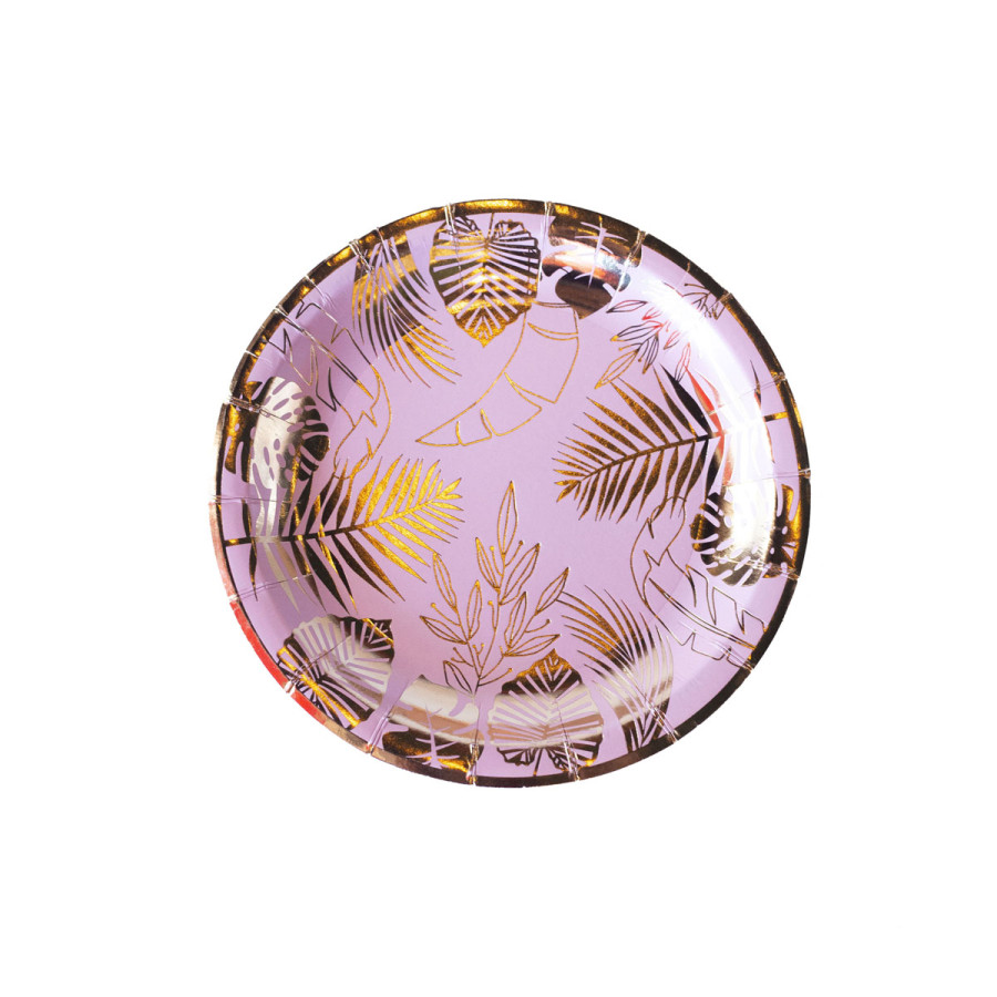 Plato de Cartón Rosa con Stamping Dorado Hojas x 8