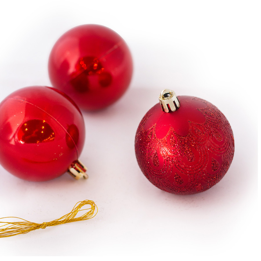 Set de 6 Bolas Perladas y Mate con Glitter de 8 cm Rojas