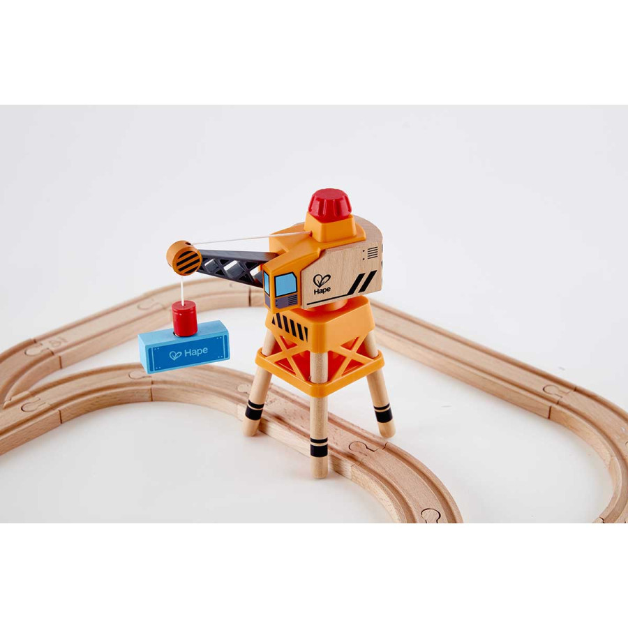 Set de Pista de Vías y Cruce con Tren y Grúa de Juguete Hape