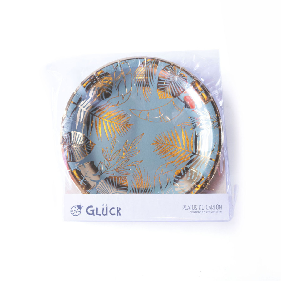 Plato de Cartón Verde con Stamping Dorado Hojas x 8