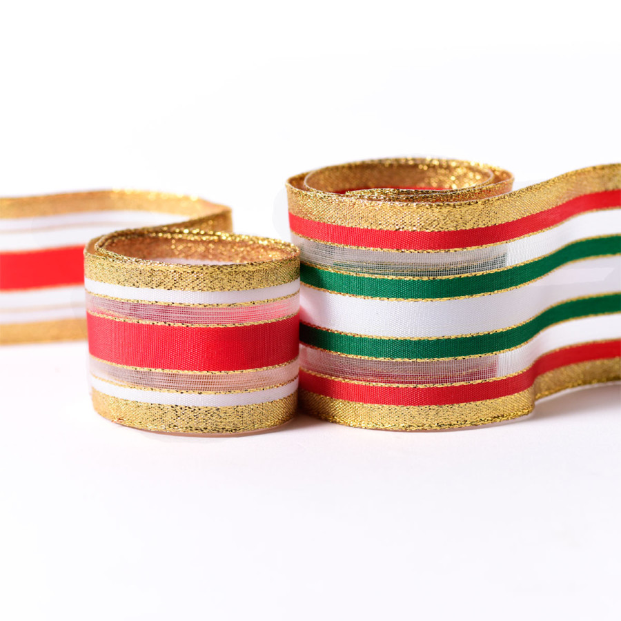 Cinta Samarian con Alambre Dorada Roja y Verde 5 cm x 10 metros
