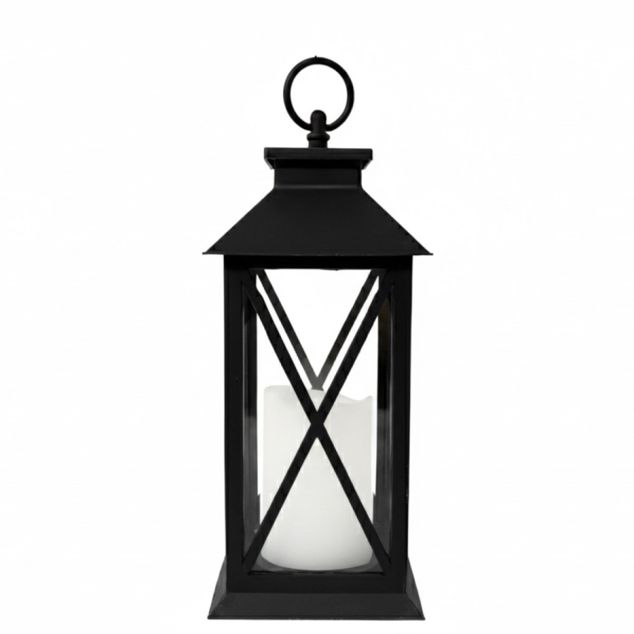 Farol Negro 30 cm con Vela Pilar LED Alparamis
