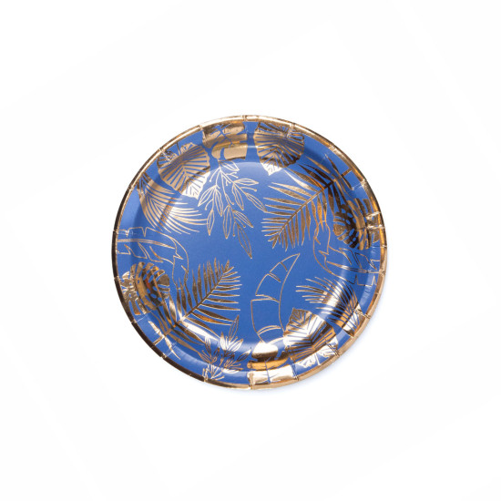 Plato de Cartón Azul con Stamping Dorado Hojas x 8