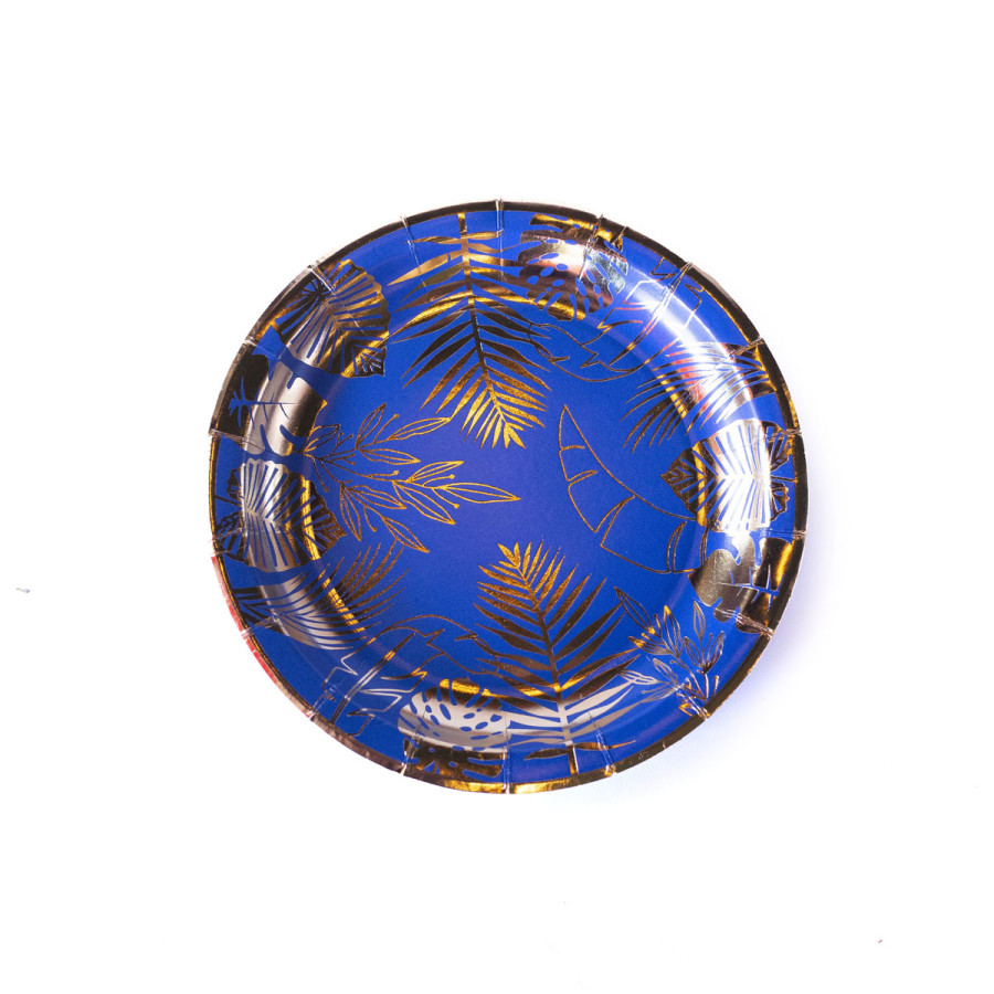 Plato de Cartón Azul con Stamping Dorado Hojas x 8