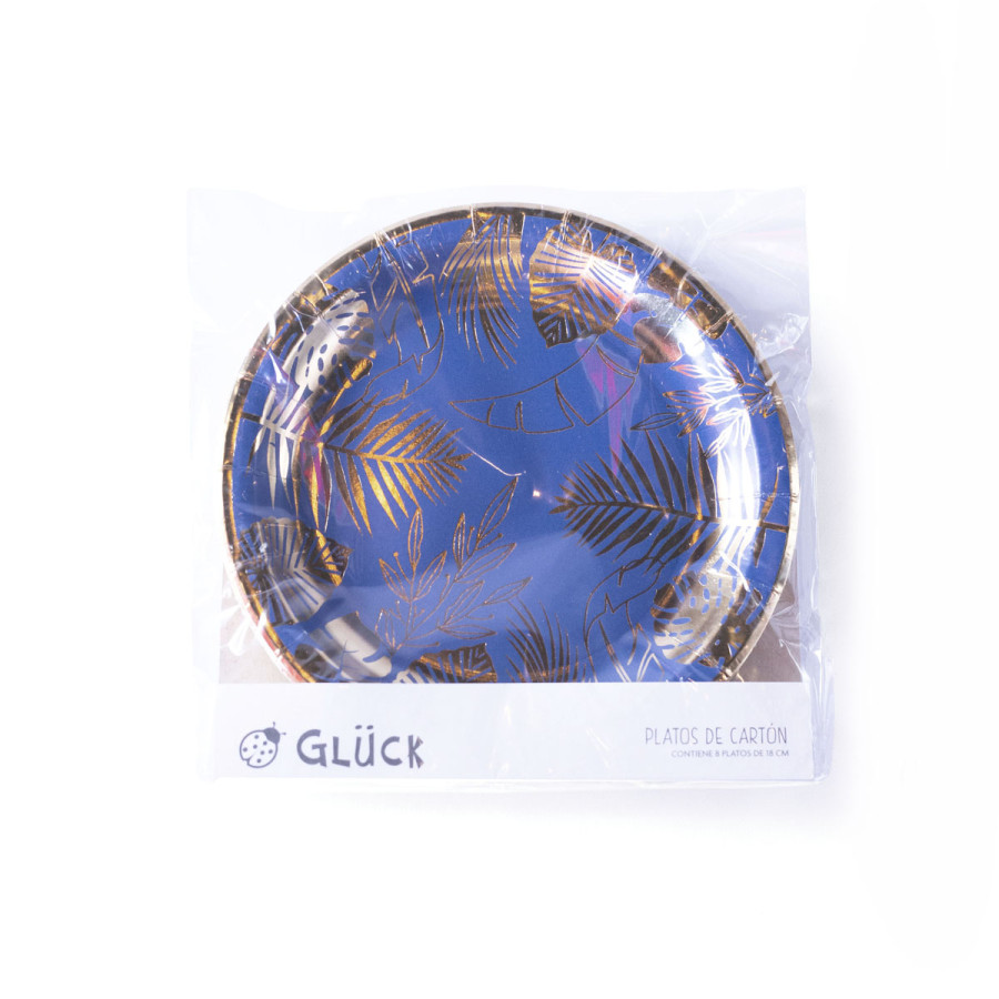 Plato de Cartón Azul con Stamping Dorado Hojas x 8