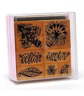 Set de sellos decorativos tema Costura Inés caja mediana.