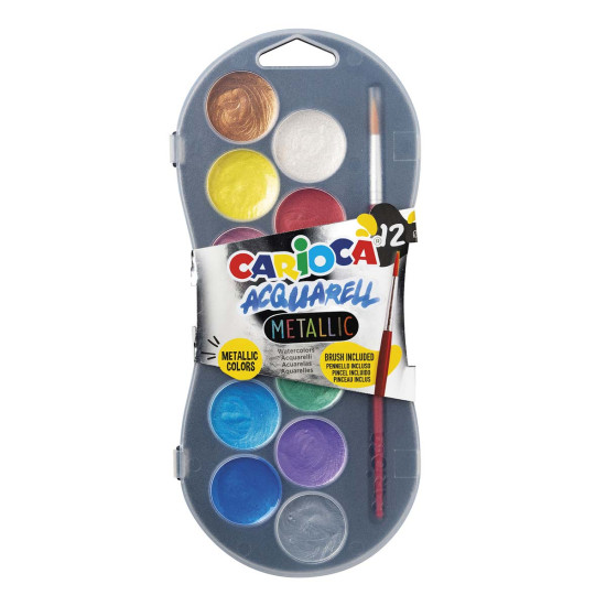 Estuche Plástico de 12 Acuarelas Metálicas y Pincel Carioca