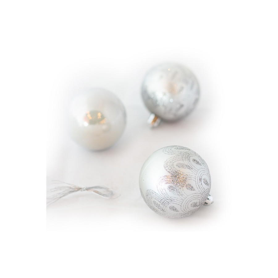 Set de 6 Bolas Perladas y Mate con Glitter de 8 cm Plateadas Alparamis