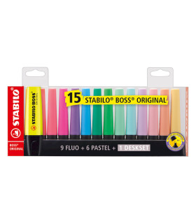 Resaltadores Boss Fluo y Pastel con Estuche para Escritorio Stabilo x 15