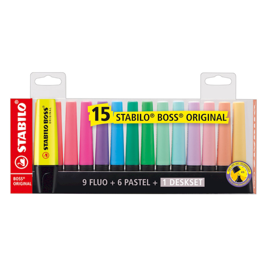 Resaltadores Boss Fluo y Pastel con Estuche para Escritorio Stabilo x 15