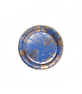 Plato de Cartón Azul con Stamping Dorado Hojas x 8
