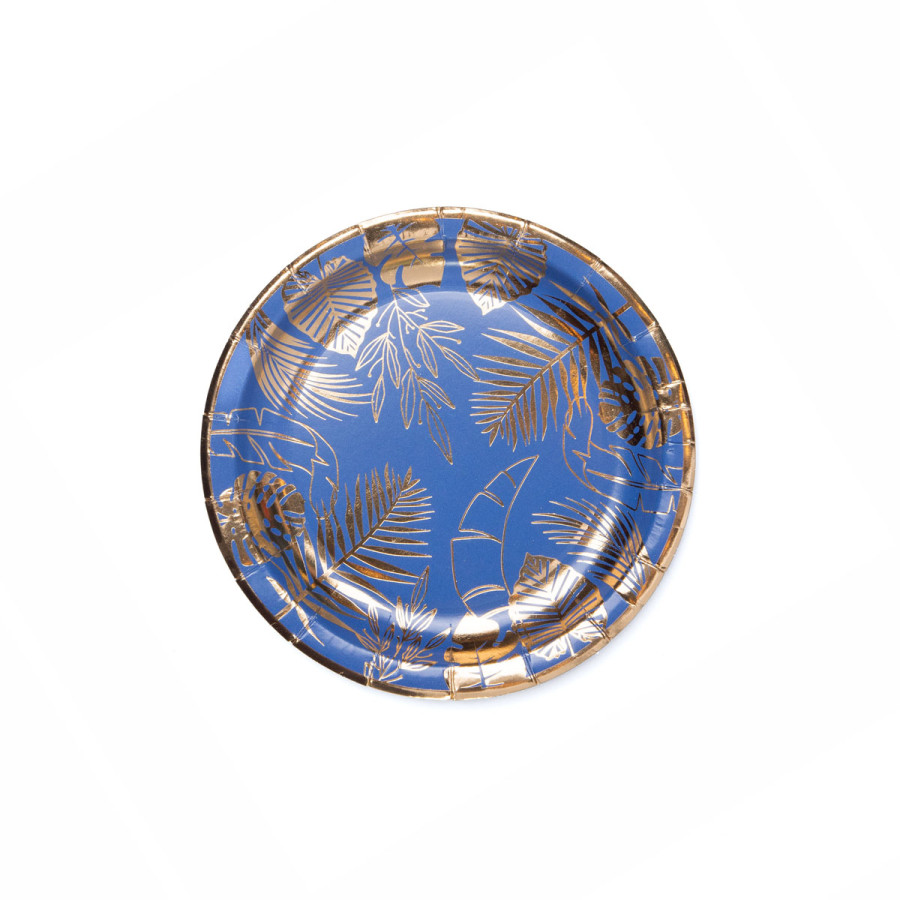 Plato de Cartón Azul con Stamping Dorado Hojas x 8