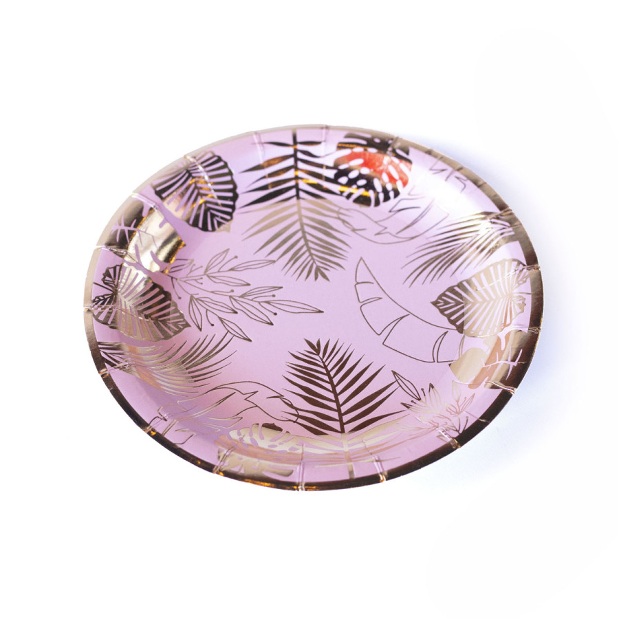 Plato de Cartón Rosa con Stamping Dorado Hojas x 8