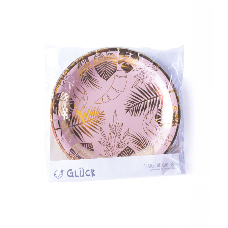 Plato de Cartón Rosa con Stamping Dorado Hojas x 8
