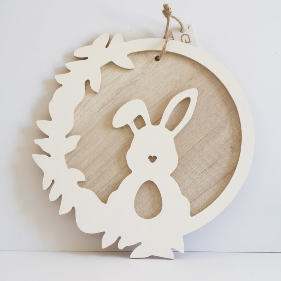 Adorno de Corona de Madera con Conejo de Pascua