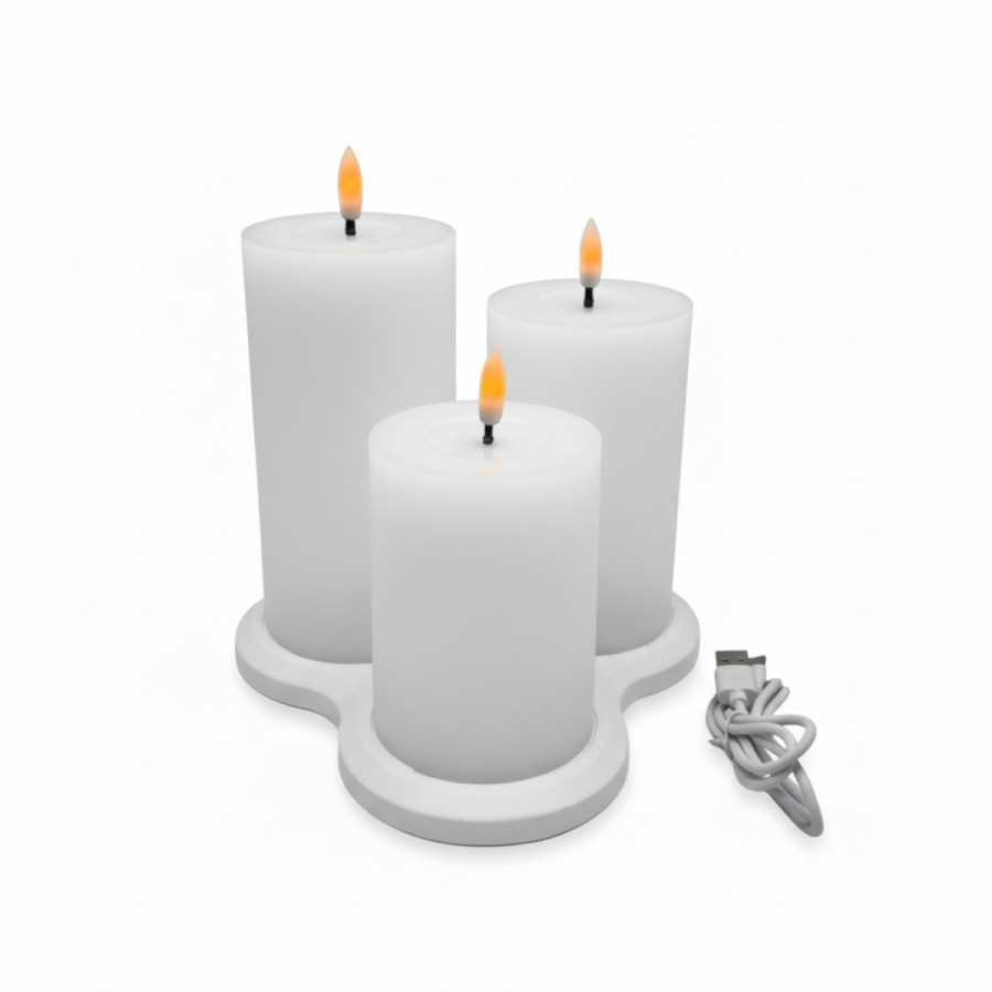 Set de 3 Velas Pilar LED Blancas con Base de Recarga USB Alparamis
