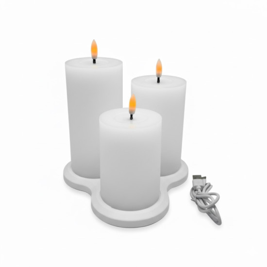 Set de 3 Velas Pilar LED Blancas con Base de Recarga USB Alparamis