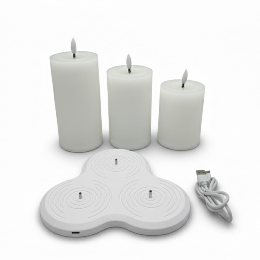 Set de 3 Velas Pilar LED Blancas con Base de Recarga USB Alparamis
