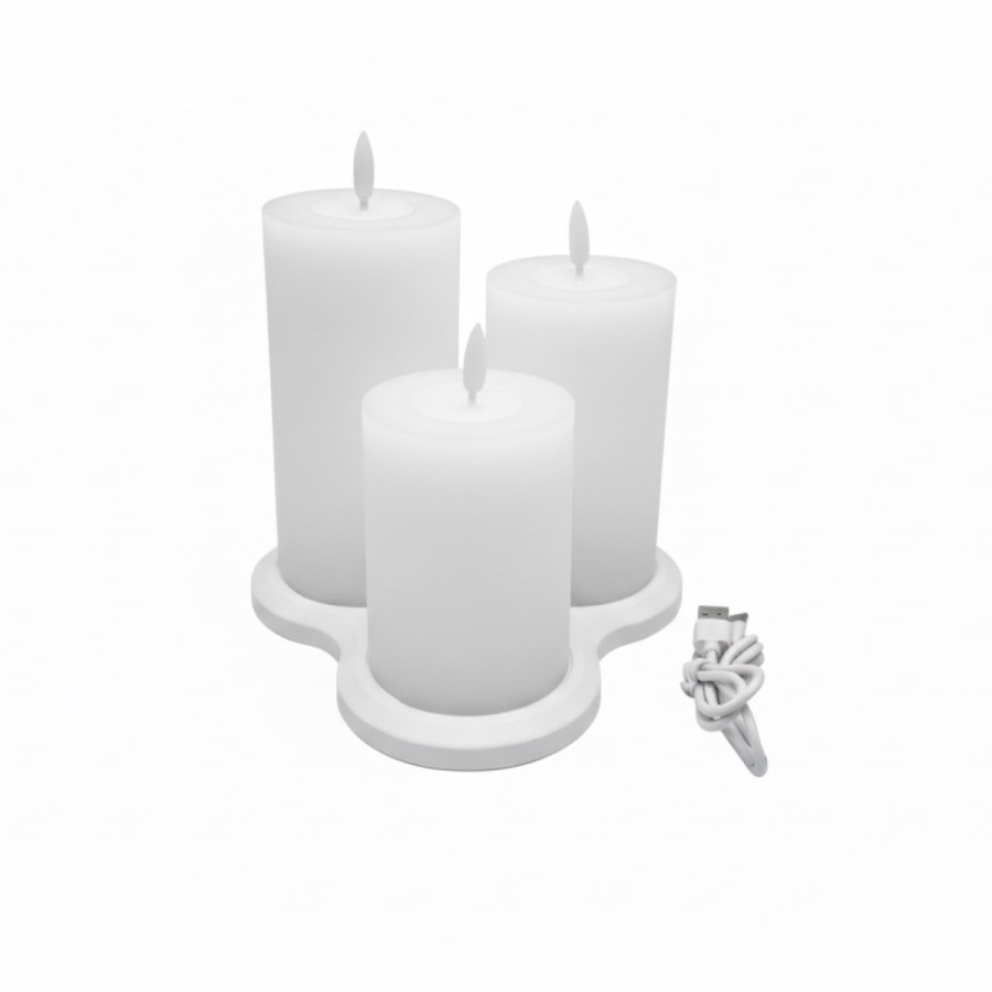 Set de 3 Velas Pilar LED Blancas con Base de Recarga USB Alparamis